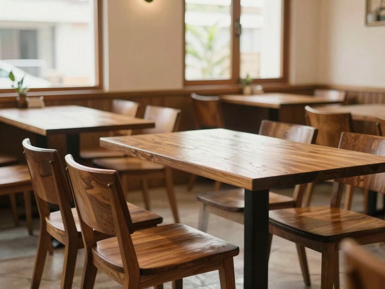 Warm interior shot of a clean, modern Padang restaurant dining room in Cikupa, neatly set wooden tables, bright natural afternoon light through windows, 35mm