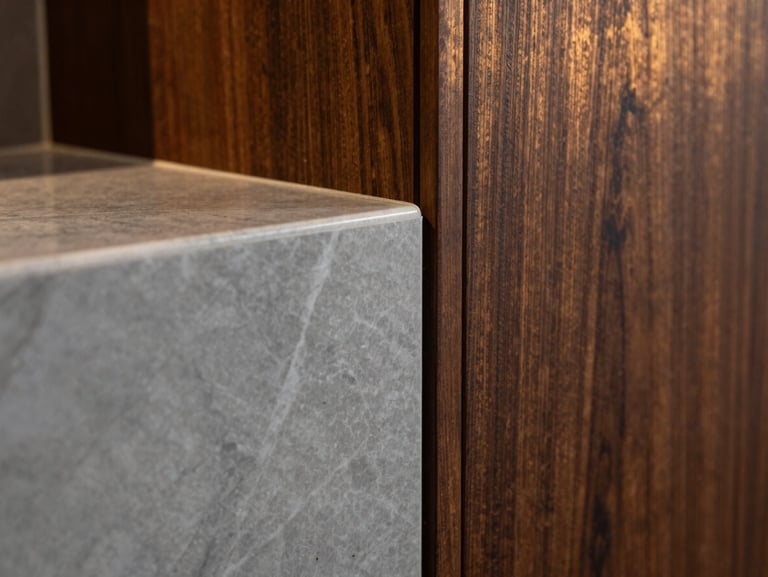 Macro close-up of a flawless seam between polished gray marble alternative and dark walnut wood paneling, warm architectural lighting, sharp focus on premium textures