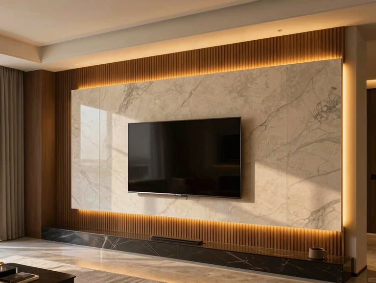 Modern TV wall design in Riyadh villa, featuring integrated warm LED backlighting behind sleek gypsum board and vertical wooden louvers, luxury interior