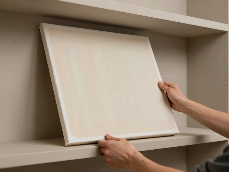 Close-framed studio shot of artist hands carefully lifting a finished canvas from a neutral ochre-grey studio shelf, consistent tungsten studio light, brushwork surface clearly visible, no face, no staging