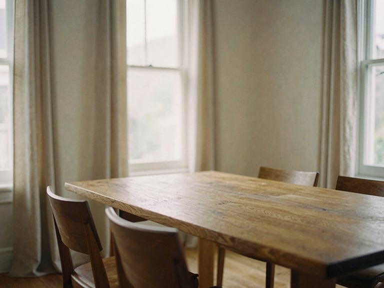 A sun-drenched living room with a heavy oak dining table, soft linen drapes, warm editorial photography, natural afternoon window light, muted earthy tones, medium format film, soft shadows
