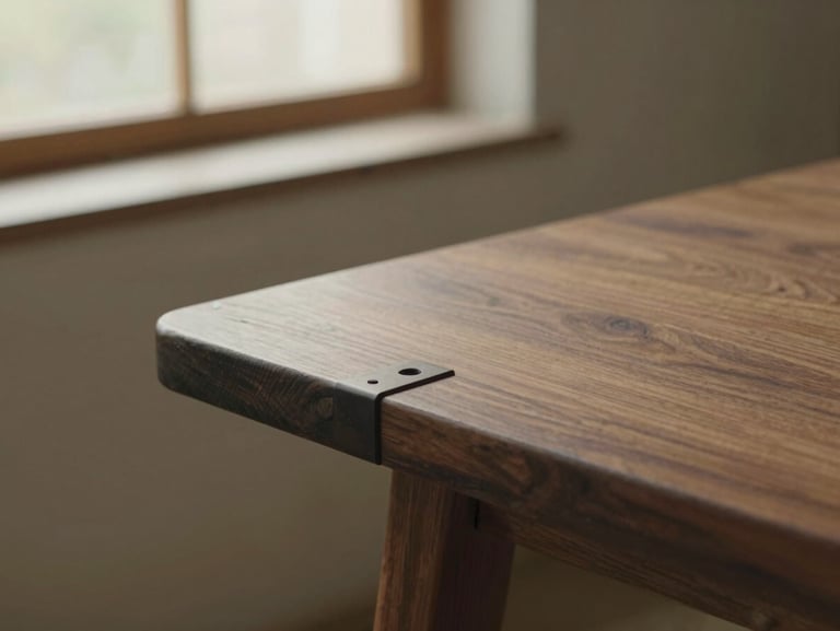 Detail of traditional mortise and tenon wood joinery on a dark walnut bench, warm editorial photography, natural afternoon window light, muted earthy tones, medium format film, soft shadows