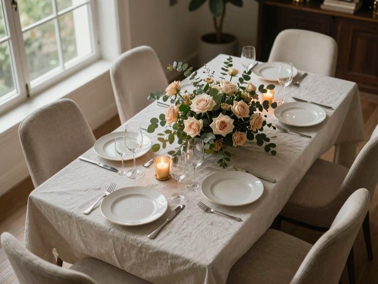 Intimate dining table set for eight, overhead angle, deep botanical centerpiece of garden roses and eucalyptus, cream linen, warm gold candlelight, soft diffused natural light from a tall window at left, no people