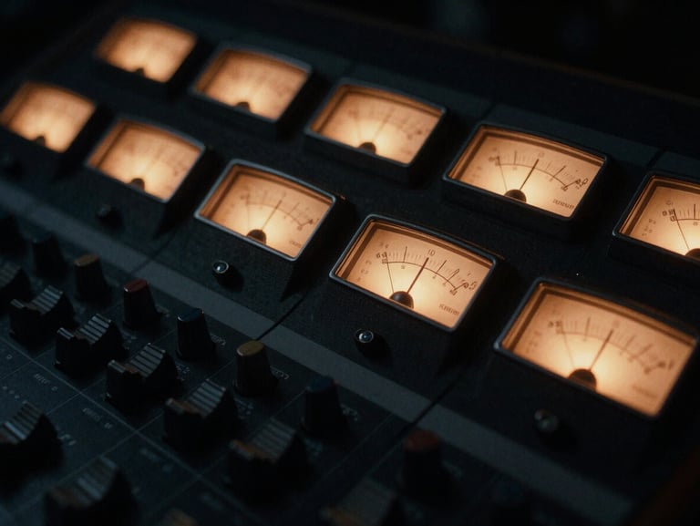Tight macro detail of an analog mixing console with warm tungsten glowing VU meters, low-key chiaroscuro lighting, deep shadows, 35mm grain
