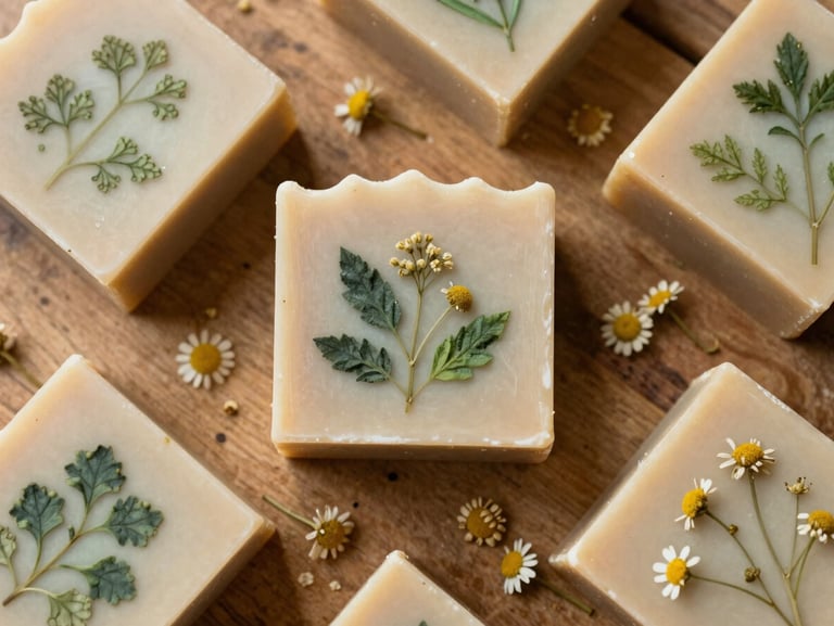 Overhead flat lay of handmade botanical soap bars curing on a rustic wooden tray, sprinkled with dried chamomile flowers, soft natural light.