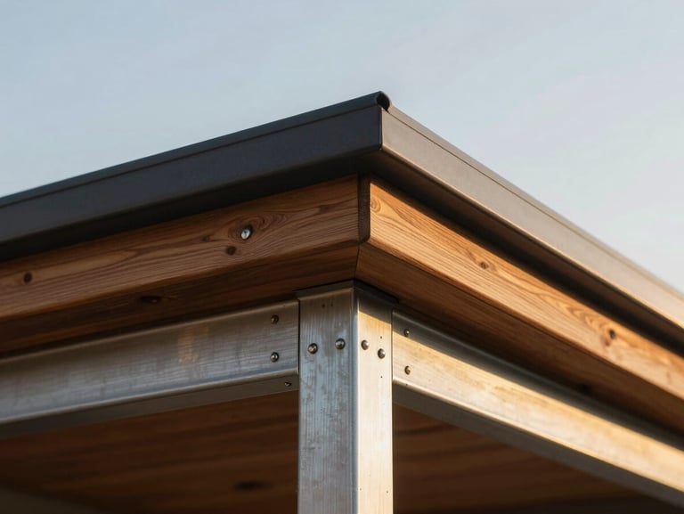 Close-up of flawless steel-to-wood joinery on a modern veranda roof, warm late-afternoon golden hour sun, clean architectural lines.
