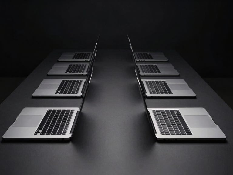 Wide symmetrical shot of a fleet of pristine space gray MacBooks aligned perfectly on a minimalist black surface, dramatic high-contrast studio edge-lighting, deep shadows.