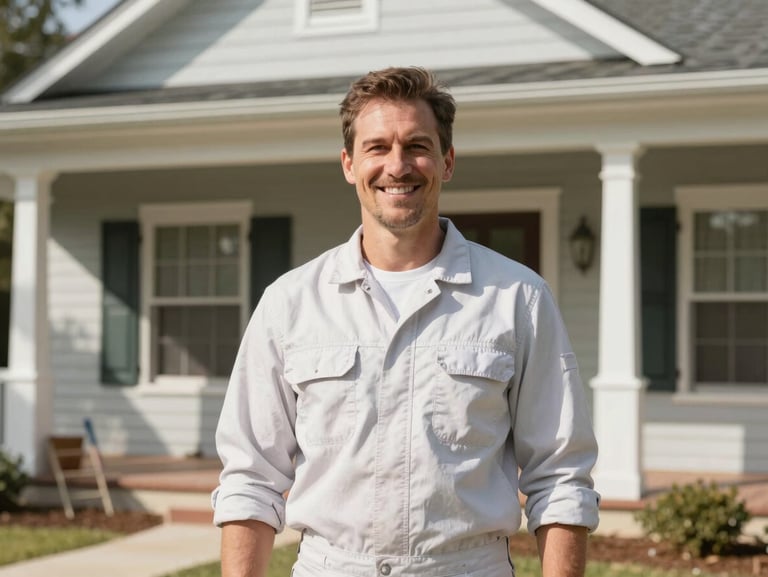 Portrait of a friendly, clean-cut professional painter in a neat uniform standing in front of a sunlit home in Mobile, Alabama, smiling, warm natural daylight.