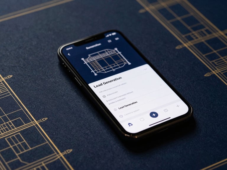Sharp flat-lay of modern architectural blueprints beside a smartphone displaying a lead generation form, deep shadows, navy accents, 35mm