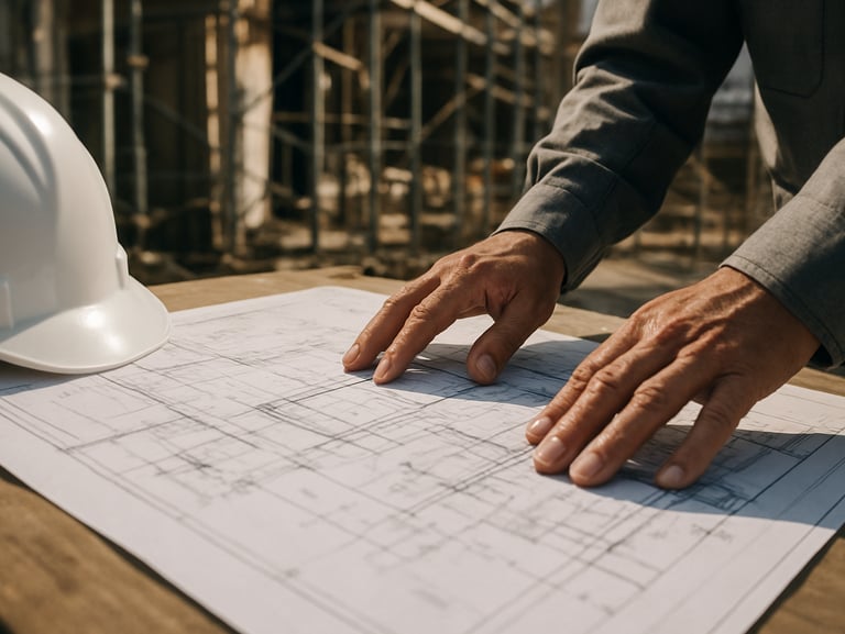 Close-up of an engineer's hands reviewing architectural blueprints on a site table, hard-hat visible at frame edge, construction scaffolding in the background, sharp natural daylight, no people's faces visible