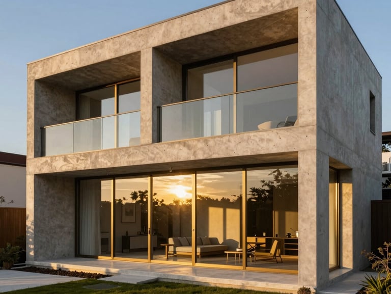 Geometric concrete residential structure framed by golden hour light, reflecting off expansive floor-to-ceiling glass panels.