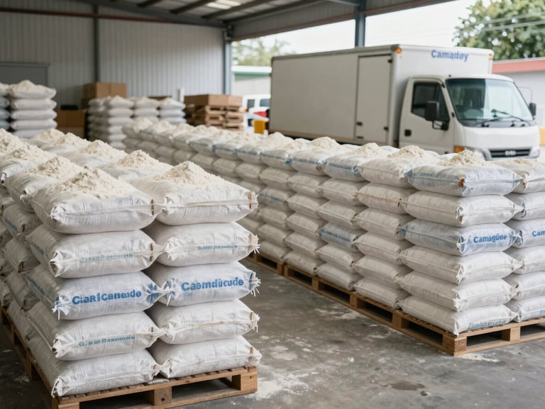 Wide shot of a clean, organized regional warehouse in Camagüey with sacks of flour stacked neatly, a delivery vehicle visible in the background under natural daylight.