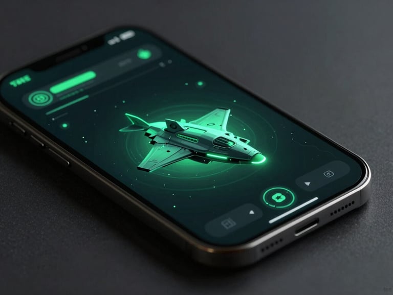 Neon-lit spacecraft game UI on a mobile screen, high-contrast obsidian and green tones, angled perspective
