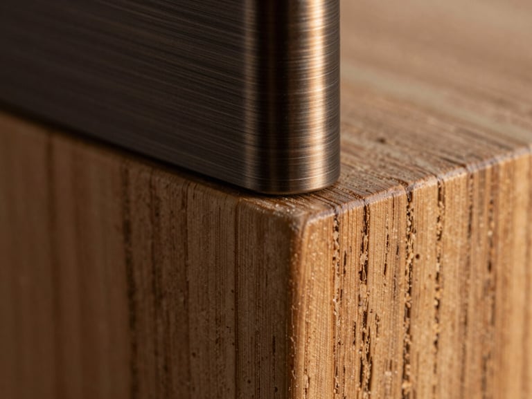 Extreme macro detail shot of dark brushed bronze joining textured raw oak wood, warm soft twilight lighting, highlighting material craft and physical precision.