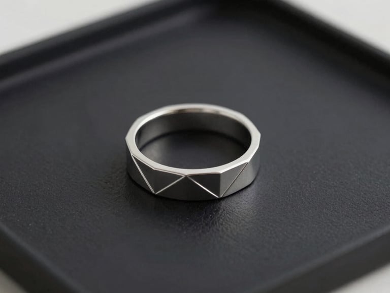 A clean wireframe CAD rendering of a modern geometric ring on a dark screen, minimalist graphic
