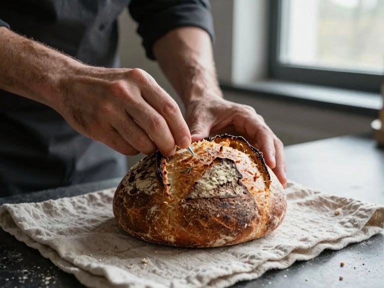 Close-up of a chef's hands scoring a sourdough loaf on a linen cloth, soft side-lighting from a kitchen window, low-contrast Scandinavian morning vibe.