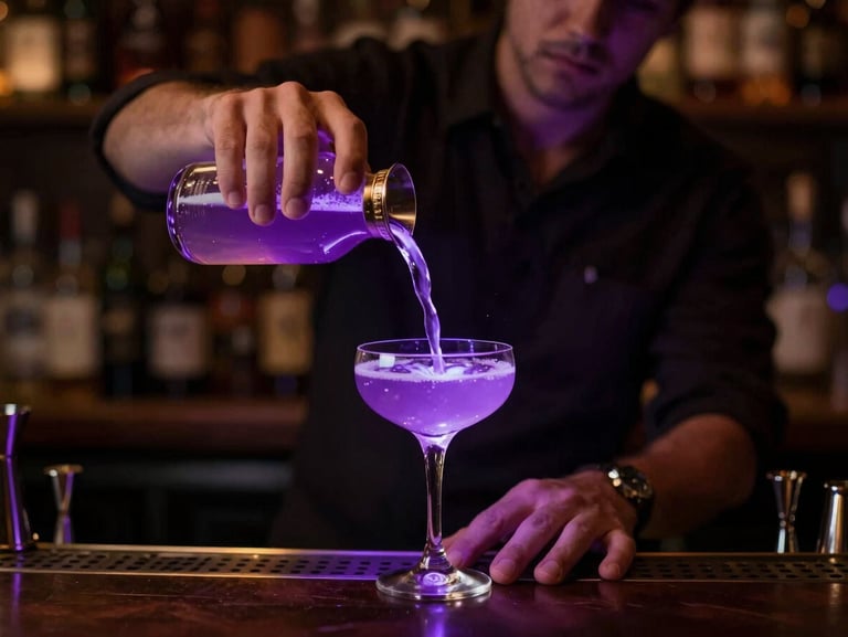 A professional mixologist pouring a glowing purple cocktail into a coupe glass, low-key lighting, neon purple accents, shallow depth of field