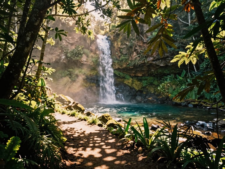 Lush green Atlantic forest trail leading to a misty hidden waterfall with a clear natural pool, dappled sunlight filtering through leaves