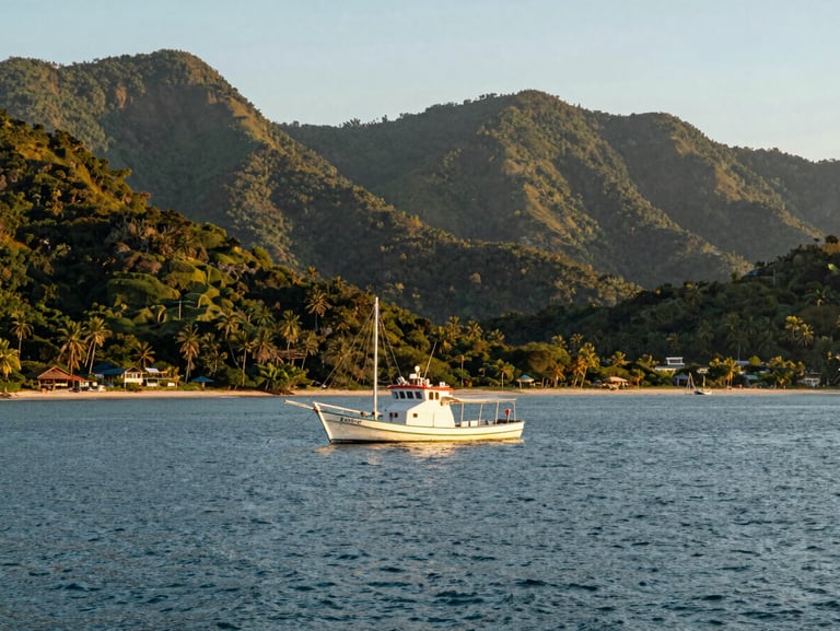 Wide environmental shot of a local schooner boat on the calm blue water of Muriqui, sunlit golden hour, lush mountains in background