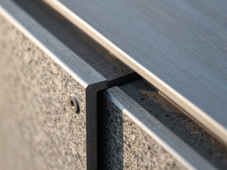Extreme macro detail of architectural structural materials, steel and granite interfaces under crisp morning light, clean lines, high contrast.