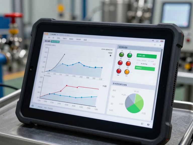Close-up screenshot of a modern SCADA factory control interface running on a rugged tablet, displaying real-time telemetry graphs, active valve indicators, and clean system diagnostics, industrial background.