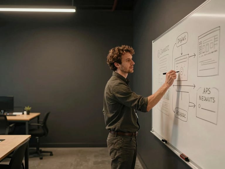 Wide workspace documentary shot, founder standing at a whiteboard with marker in hand, a sparse dark-walled office visible behind, financial and web flowcharts sketched on the board, warm overhead studio light, warm-desaturated tones, candid mid-action framing