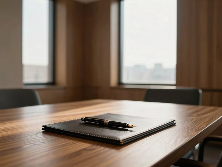 A quiet, modern boardroom with warm wood panels and soft natural light streaming through a tall window, a single fountain pen resting on a leather blotter.