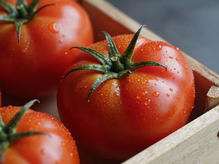 Macro close-up of heirloom tomatoes in a wooden crate, soft natural side-light highlighting the vibrant reds and textures, a camera lens reflection visible on a wet leaf