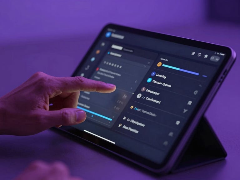 Close-up of hands navigating a sleek, dark-mode digital learning interface on a tablet, cool ambient violet light.
