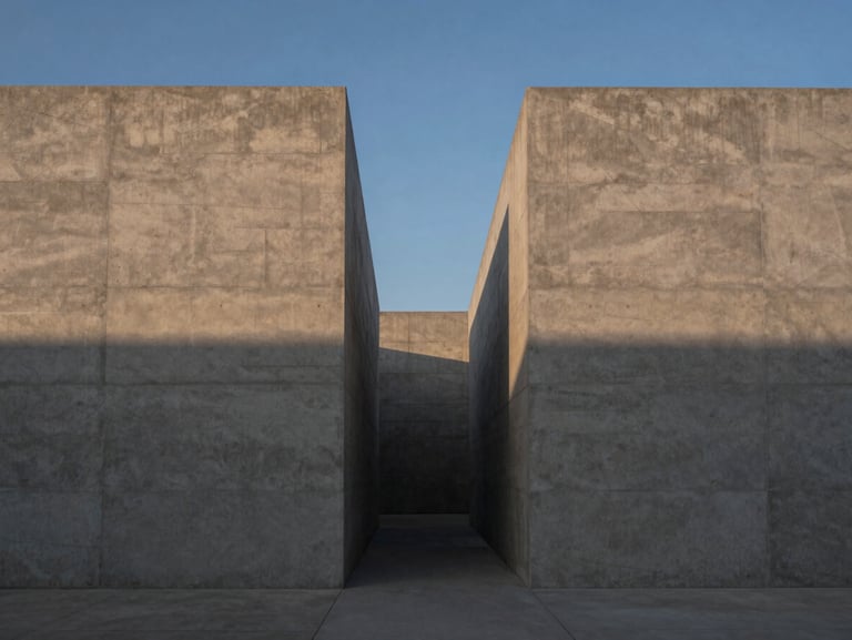 Symmetrical architectural concrete structures with clean lines, high-contrast shadows under a cool twilight sky.