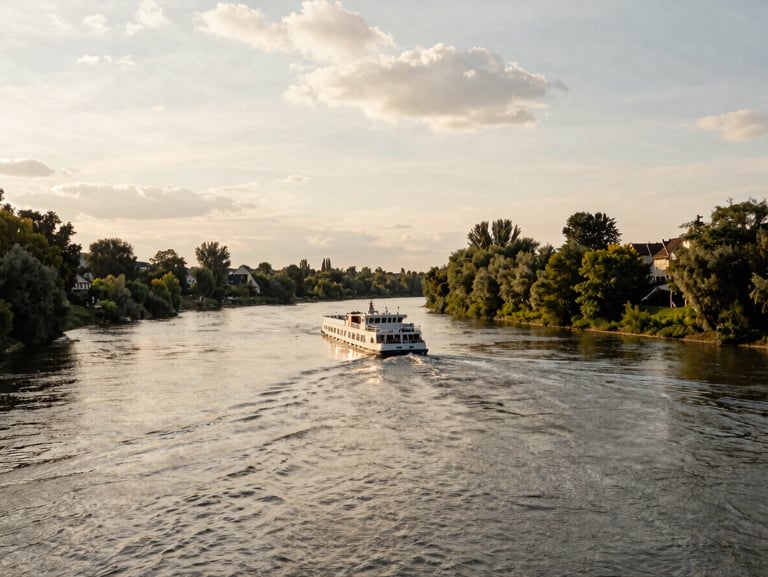 A scenic river bend in Europe with a slow-moving cruise vessel in the distance, warm overcast daylight, peaceful and relaxing composition.