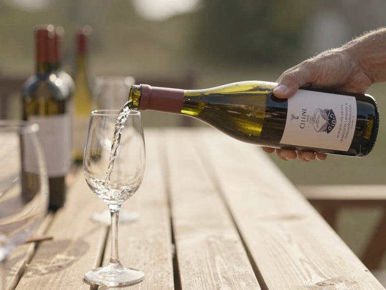 Candid close-up of hands holding a local wine bottle and pouring into glasses at a long wooden table outdoors, warm afternoon sun, soft focus background.