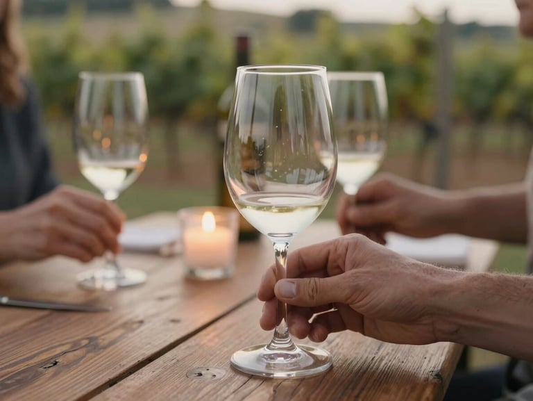 Close-up of hands holding wine glasses over a rustic wooden table at an outdoor vineyard dinner, warm candlelight, soft focus.