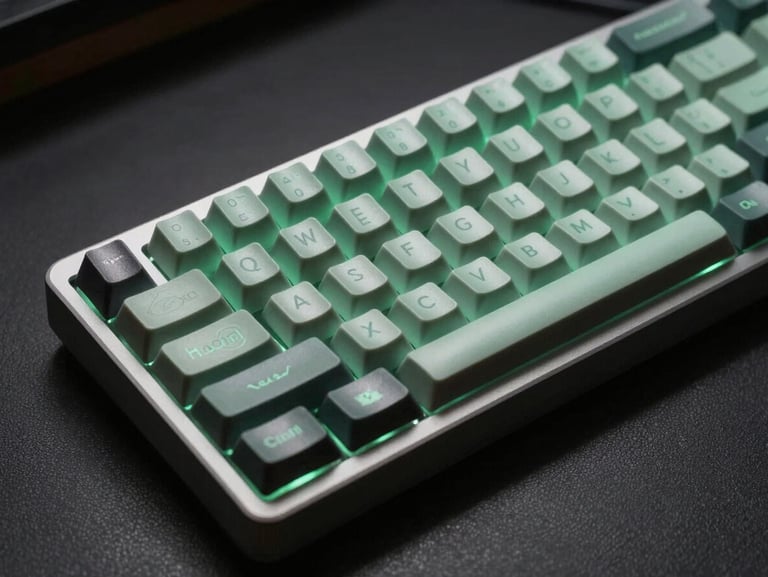 Macro shot of a high-end mechanical keyboard with custom keycaps under moody dark studio lighting with a mint green rim light