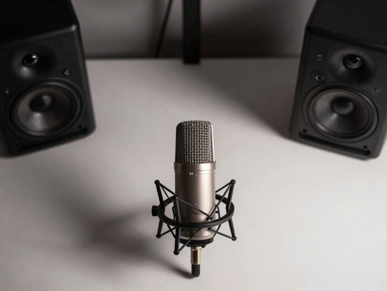 Top-down flat-lay of a modern creator desk setup with an anodized aluminum microphone and studio monitor under moody shadows