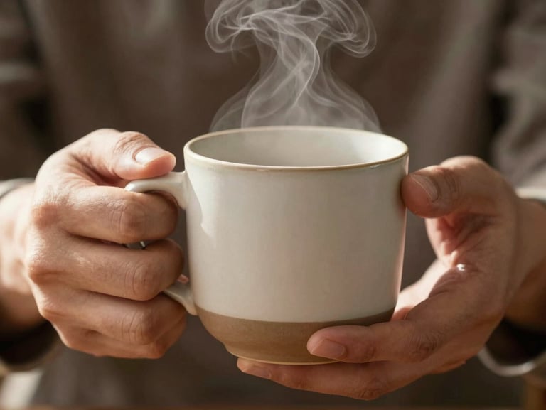 A close-up of hands holding a warm, unglazed ceramic mug, steam rising gently in soft morning light, shallow depth of field.