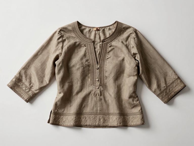 Frontal studio shot of a women's woven blouse laid flat on a matte white surface, diffuse overhead light revealing fabric drape and collar detail, neutral background, no lifestyle context