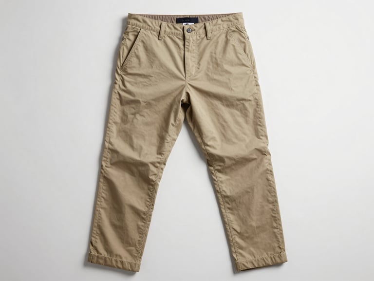 Frontal studio shot of a men's structured chino trouser laid flat on a matte white surface, diffuse even lighting showing fabric weave and seam construction, neutral background, no lifestyle context
