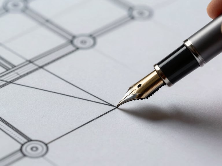 Close-up of a fountain pen drawing a precise, clean geometric line across a blueprint of architectural nodes, dark studio lighting