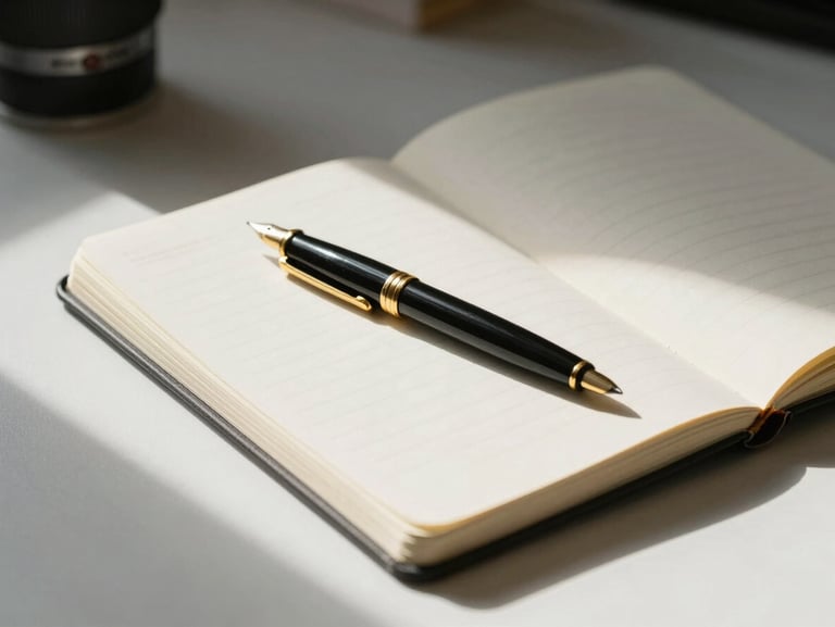 A clean, minimalist workspace with a gold-accented fountain pen resting on an open research notebook, soft daylight casting long shadows.