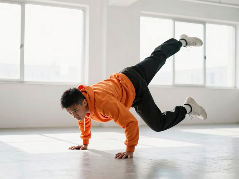 A hip-hop dancer mid-freeze on a clean studio floor, vibrant energetic movement, bright high-key lighting, 35mm