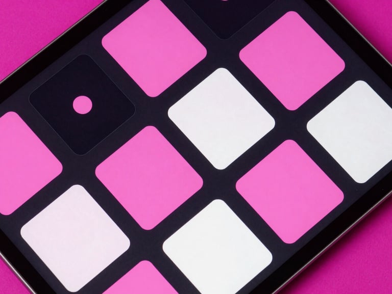 Top-down flat lay of high-fidelity social media grid layouts on a dark tablet screen, neon pink accents, sharp focus