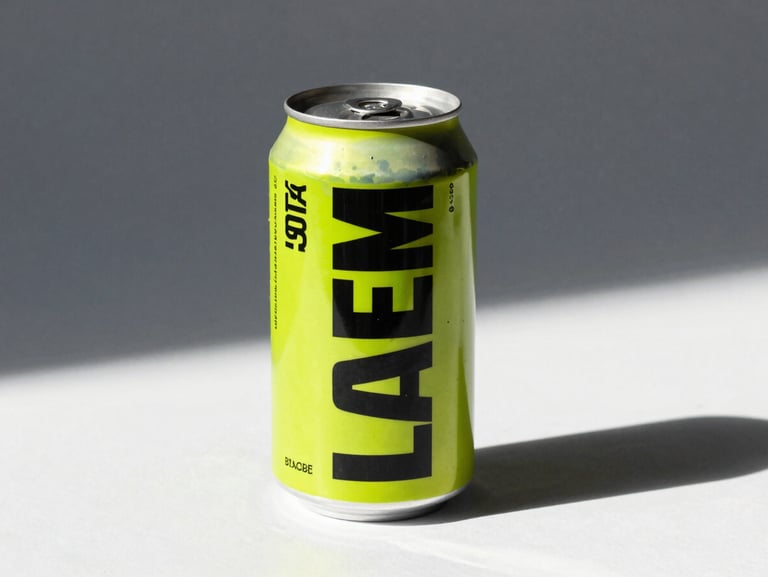Dramatic studio lighting on premium beverage cans with bold typography, hard shadows, high-contrast