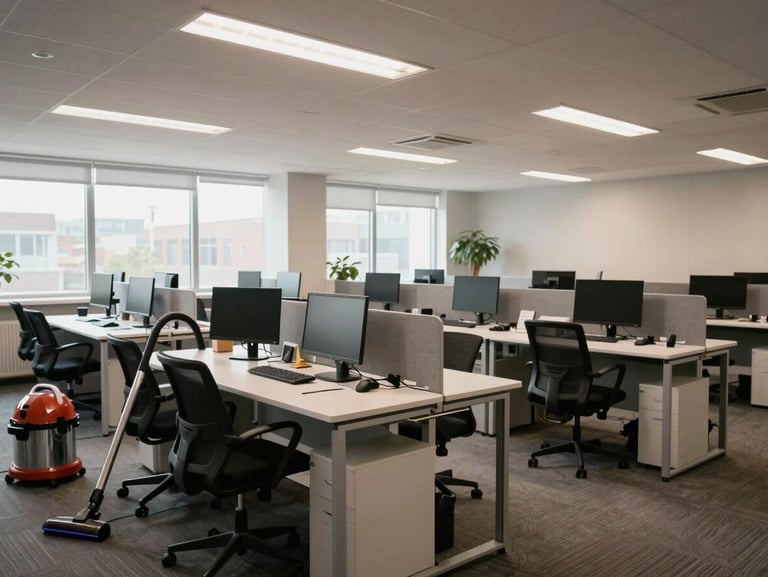 Wide environmental shot of an empty office space at the start of a cleaning job — rows of desks with monitors, overhead fluorescent light supplemented by natural daylight from a far window, a vacuum cleaner visible in the left foreground, no staff present