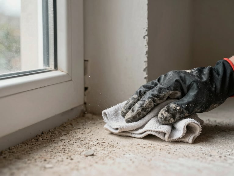 Close-up of a dusty corner of a room with construction debris — fine drywall dust settled on a baseboard, a gloved hand holding a damp cloth mid-wipe, midday natural light from a nearby window, rough unpainted wall visible behind