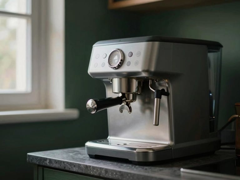 A sleek silver super-automatic coffee maker in a modern kitchen, moody lighting, selective focus, 35mm