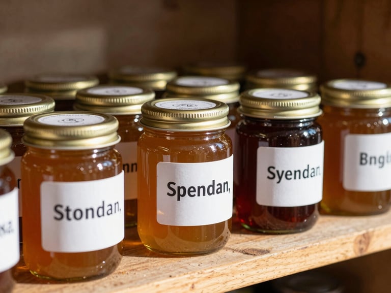Close-up of hand-labeled artisanal honey jars on a rustic wooden shelf, warm natural morning light, soft shadows, Scandinavian aesthetic.
