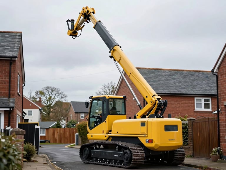 A compact yellow tracked cherry picker positioned on a narrow residential driveway, its telescopic boom reaching up to a slate roofline under bright overcast Manchester skies.