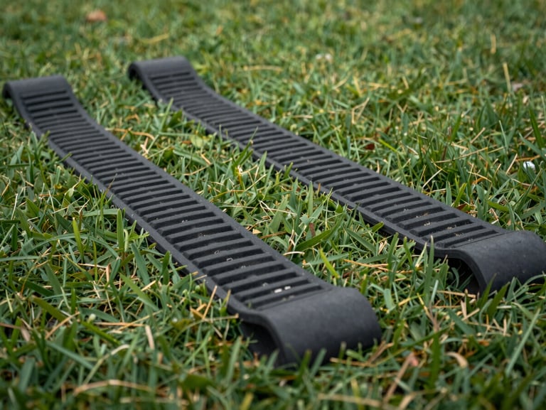 Close-up of non-marking rubber tracks resting gently on a pristine green domestic lawn, soft overcast lighting, showing even weight distribution.