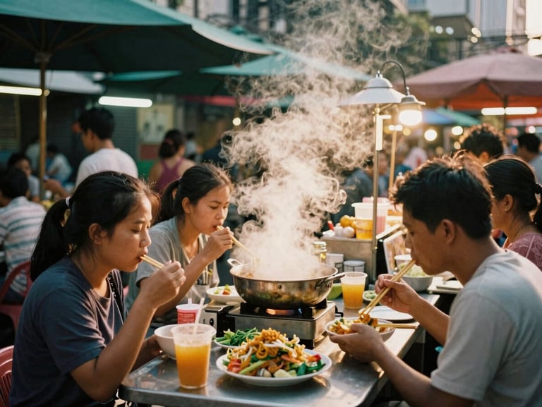 A steaming street food stall in a Bangkok night market, warm golden light, real local people eating, 35mm film grain